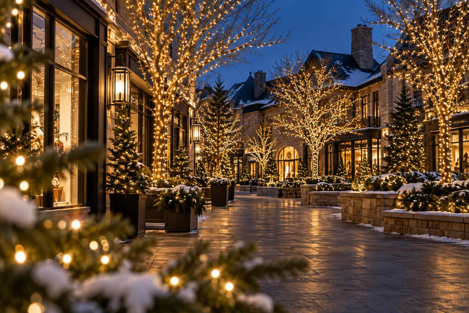 Lighting inspiration showing illuminated trees along a commercial walkway