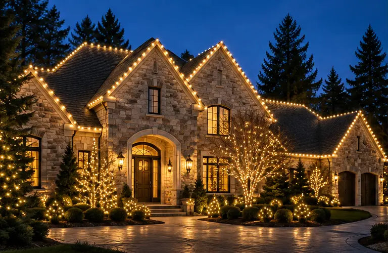 Lighting inspiration showing a house outlined with warm white Christmas lights